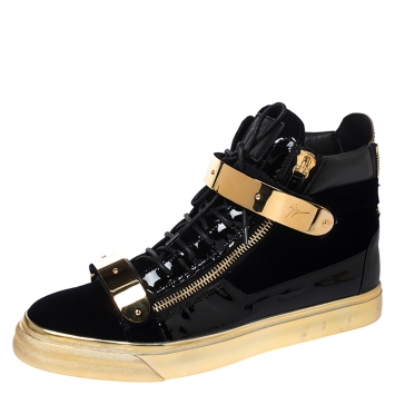 Pre Owned Giuseppe Zanotti Black/Gold Velvet and Leather Coby High Top Sneakers Size 44