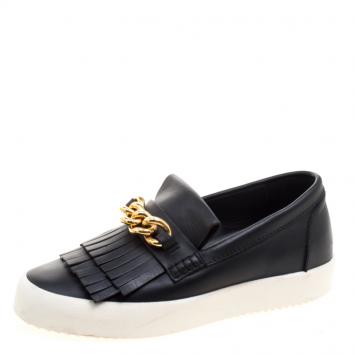 Pre Owned Giuseppe Zanotti Black Fringed Leather Slip On Sneakers Size 42