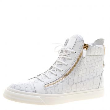 Pre Owned Giuseppe Zanotti White Croc Embossed Leather London High Top Sneakers Size 46