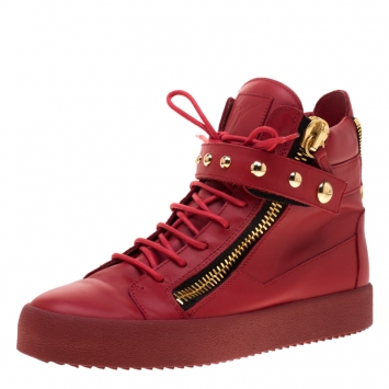 Pre Owned Giuseppe Zanotti Red Leather Studded High Top Sneakers Size 42