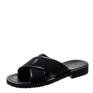Pre Owned Giuseppe Zanotti Black Fabric And Leather Trim Slides Size 42