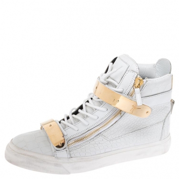 Pre Owned Giuseppe Zanotti White/Gold Leather Coby High Top Sneakers Size 44