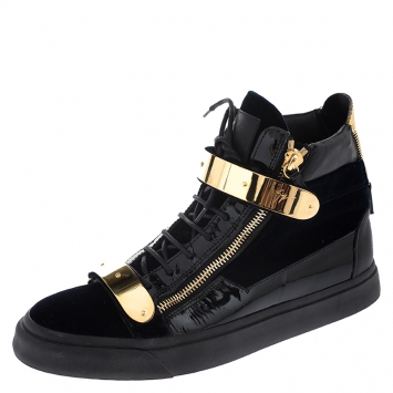 Pre Owned Giuseppe Zanotti Black Velvet and Leather Coby High Top Sneakers Size 45