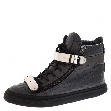 Pre Owned Giuseppe Zanotti Grey Croc Embossed Leather High Top Lace Up Sneakers Size 44