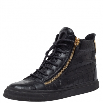 Pre Owned Giuseppe Zanotti Black Croc Embossed Leather Double Zip High Top Sneakers Size 41