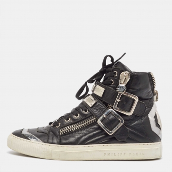Pre Owned Giuseppe Zanotti Black/Silver Leather Kriss High Top Sneakers Size 40