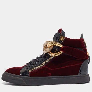 Pre Owned Giuseppe Zanotti Burgundy/Black Patent and  Velvet Coby High Top Sneakers Size 42.5