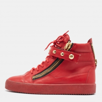 Pre Owned Giuseppe Zanotti Red Leather Studded Double Zip High Top Sneakers Size 42