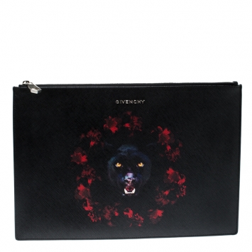 Pre Owned Givenchy Black Jaguar Printed Leather Zip Pouch