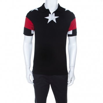 Pre Owned Givenchy Black Pique Knit Star Appliqué Detail Contrast Short Sleeve Polo T Shirt M