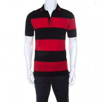 Pre Owned Givenchy Black and Red Striped Cotton Pique Star Appliqué Detail Polo T Shirt S