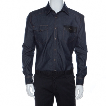 Pre Owned Givenchy Dark Blue Denim Leather Trim Button Front Shirt M