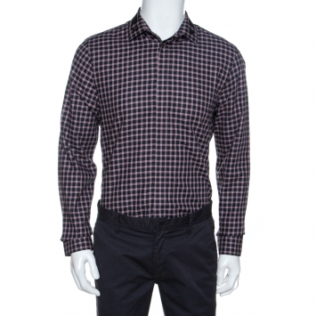 Pre Owned Givenchy Black & Red Checked Cotton Star Embroidered Button Front Shirt L