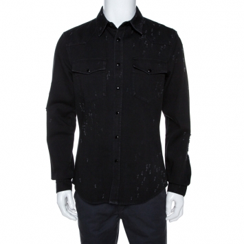 Pre Owned Givenchy Black Distressed Denim Button Front Shirt L
