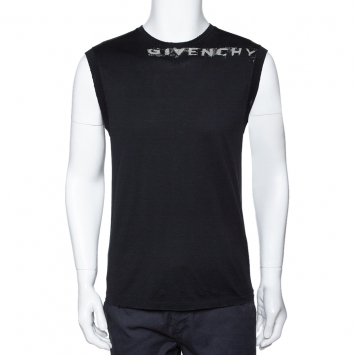 Pre Owned Givenchy Black Logo Print Cotton Distressed Detail Sleeveless T-Shirt L