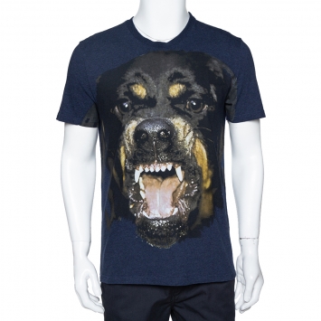 Pre Owned Givenchy Navy Blue Cotton Rottweiler Print Crew Neck T Shirt M