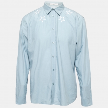 Pre Owned Givenchy Blue Cotton Star Embroidered Button Front Shirt XXL