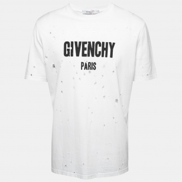 Pre Owned Givenchy White Distressed Cotton Logo Printed Short Sleeve T-Shirt M