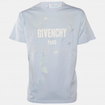 Pre Owned Givenchy Light Blue Logo Printed Cotton Distressed Crewneck T-Shirt L