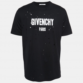 Pre Owned Givenchy Black Distressed Cotton Logo Print T-Shirt M