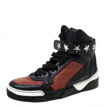 Pre Owned Givenchy Black/Brown Leather Tyson Star Studded High Top Sneakers Size 43