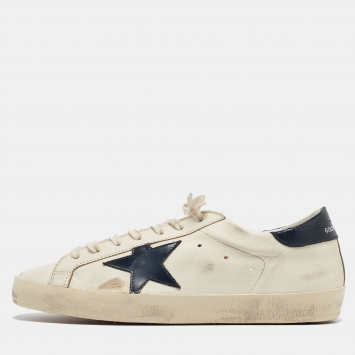Pre Owned Golden Goose Cream/Navy Blue Leather Superstar Sneakers Size 42
