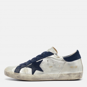 Pre Owned Golden Goose Silver/Navy Blue Leather and Suede Superstar Sneakers Size 40