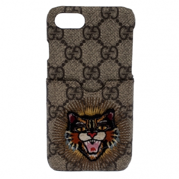 Pre Owned Gucci Beige Supreme Canvas Embroidered Angry Cat Iphone 7 Case