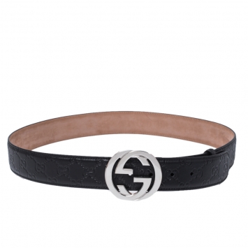 Pre Owned Gucci Black Guccissima Leather Interlocking G Buckle Belt 90CM