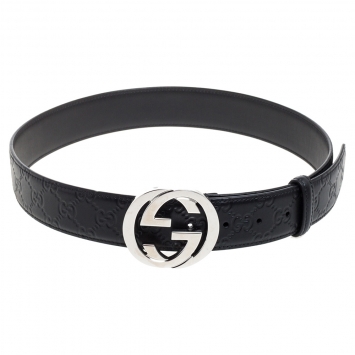 Pre Owned Gucci Black Guccissima Leather Interlocking G Belt 85CM
