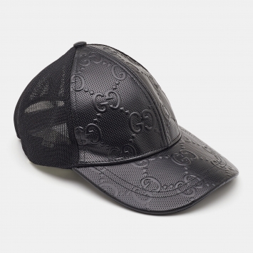 Pre Owned Gucci Black Logo Embossed Leather& Mesh Baseball Cap M