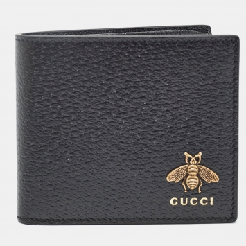 Pre Owned Gucci Black Leather Animalier Bifold Compact Wallet