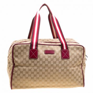 Pre Owned Gucci Beige/Burgundy GG Canvas Carryall Duffel Bag