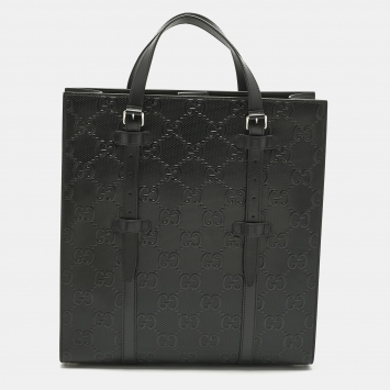 Pre Owned Gucci Black GG Embossed Leather Medium Tote 
