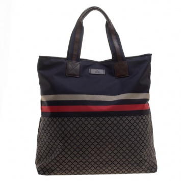 Pre Owned Gucci Dark Blue Web Diamante Nylon Tall Zip Tote 