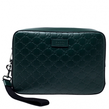 Pre Owned Gucci Dark Green Guccissima Leather Pouch 
