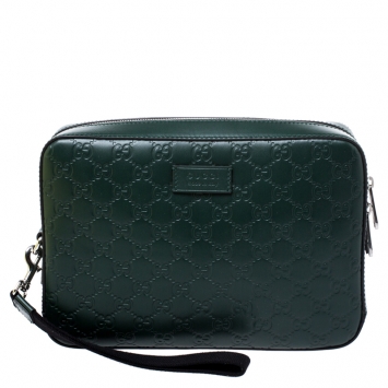 Pre Owned Gucci Dark Green Guccissima Leather Zip Wristlet Pouch