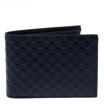 Pre Owned Gucci Navy Blue Microguccissima Leather Bifold Wallet
