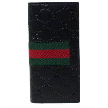Pre Owned Gucci Black Guccissima Leather Web Long Wallet