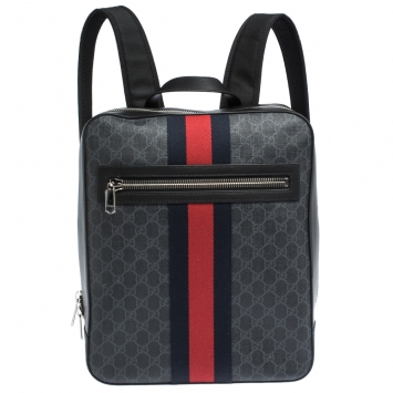 Pre Owned Gucci Black GG Supreme Canvas and Leather Web Backpack