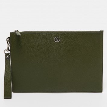 Gucci Fatigue Green Leather GG Marmont Pouch