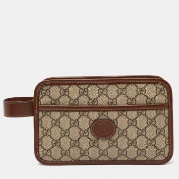 Pre Owned Gucci Brown/Tan GG Supreme Canvas and Leather Pouch