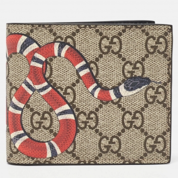 Pre Owned Gucci Beige GG Supreme Canvas Kingsnake Bifold Wallet