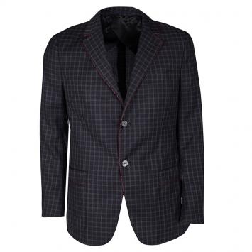 Pre Owned Gucci Navy Blue Checkered Wool Contrast Piping Detail Regular Fit Blazer L