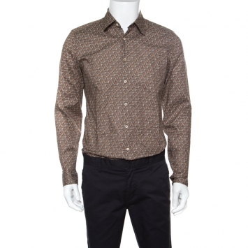 Pre Owned Gucci Brown Horsebit Printed Cotton Long Sleeve Slim Fit Shirt M