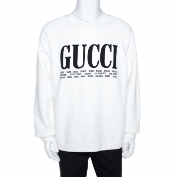 Pre Owned Gucci White Logo & Cities Print Cotton Sweatshirt M