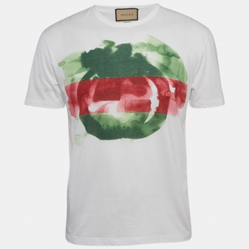 Pre Owned Gucci White Logo Printed Cotton T-Shirt M