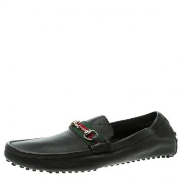 Pre Owned 500 By Gucci Black Leather Horsebit Web Detail Driver Loafers Size 45