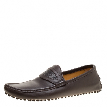 Pre Owned Gucci Brown Leather Diamante Detail Loafers Size 44.5