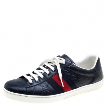 Pre Owned Gucci Blue Guccissima Leather Ace Low Top Sneakers Size 43